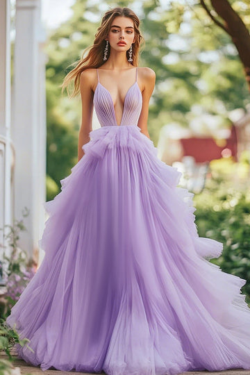 Lilac A Line Deep V-Neck Tulle Long Formal Dress